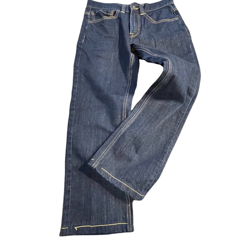 🌹🌸 PrAna straight fit dark indigo denim with gold stitching mens jeans si…